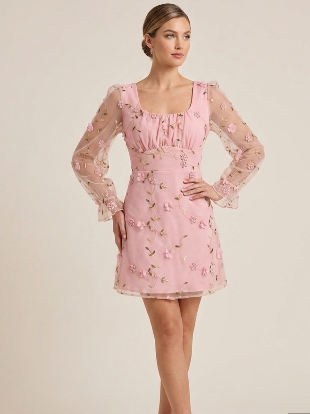Allison & Kelly Sheer Sleeve Pink Floral Embroidered Mini Dress Mesh Overlay 16